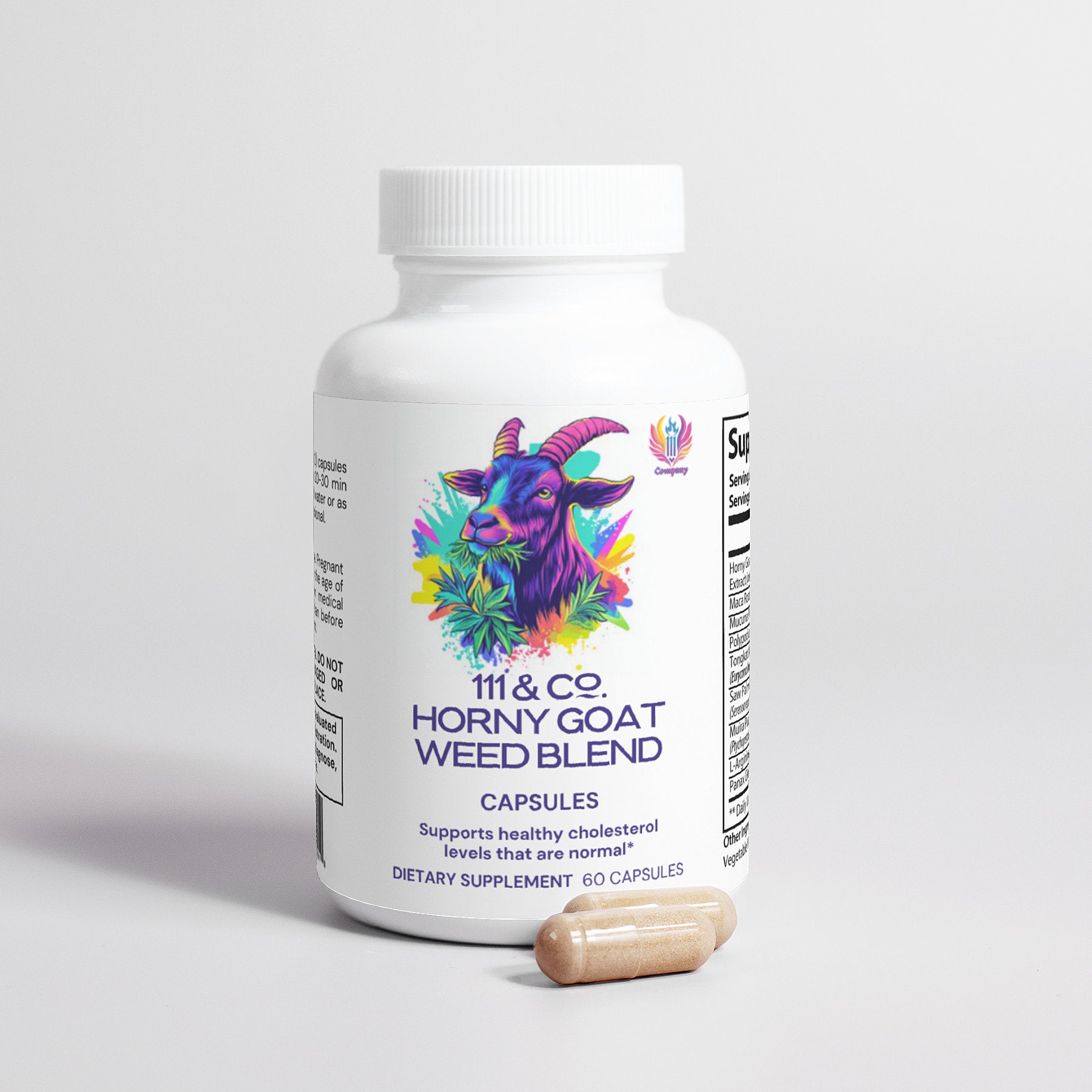 A white bottle labeled 111 & Company Horny Goat Weed Blend displays a colorful goat illustration, claiming to support healthy cholesterol. It contains dietary supplement capsules with potent ingredients like Tongkat Ali and shows two capsules upfront.