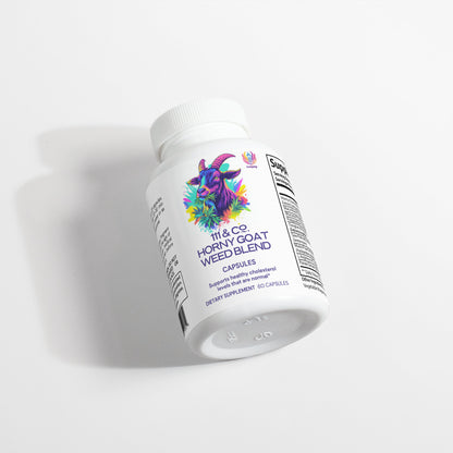 The white bottle, labeled 111 & COMPANY HORNY GOAT WEED BLEND, features a colorful goat illustration and highlights it as a dietary supplement with 60 capsules. Against a light background, it casts a soft shadow to the left.
