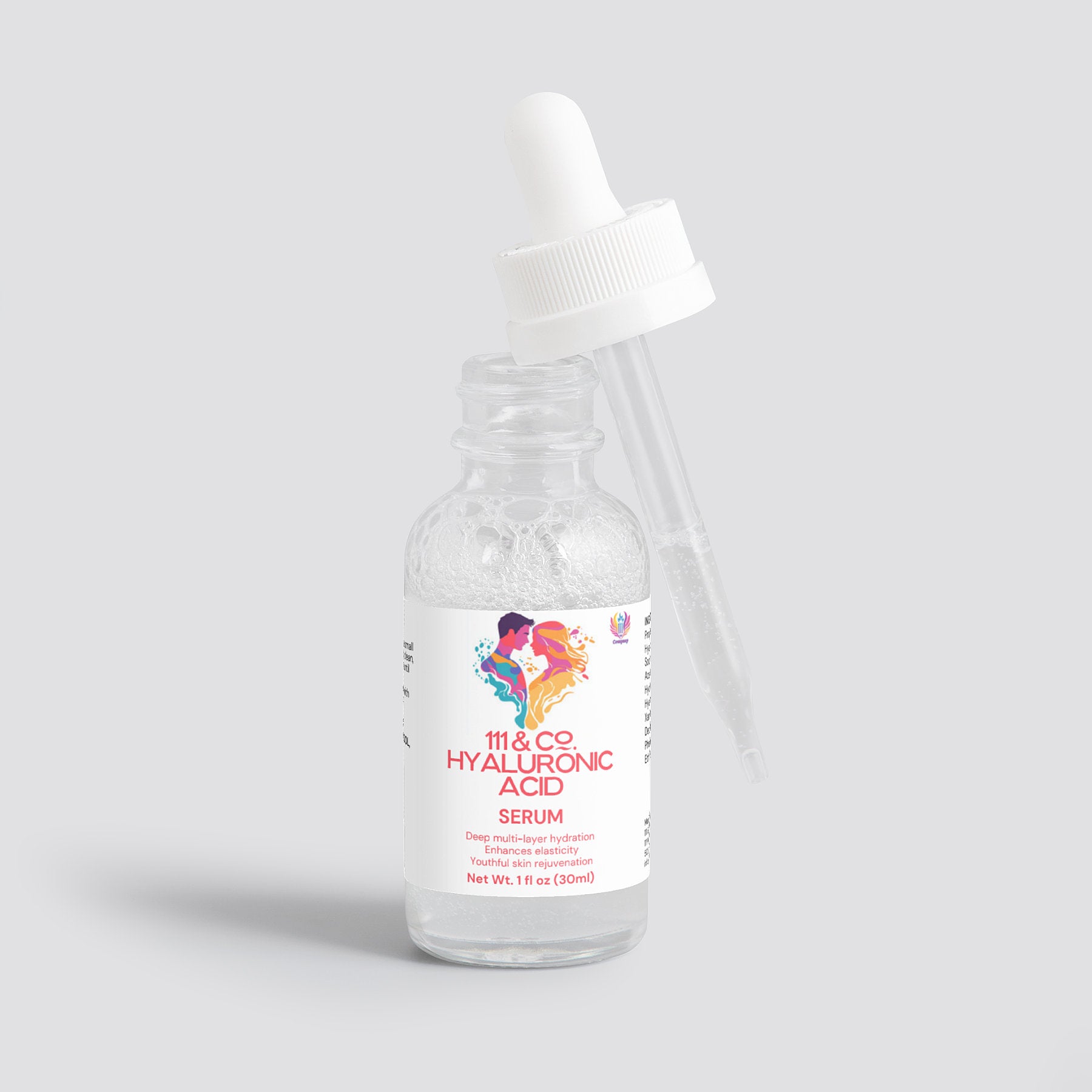 The clear glass bottle of 111 & Company Hyaluronic Acid Serum features a white label with colorful artwork. The dropper leans against it, displaying text promising Deep Hydration and Skin Rejuvenation for All Skin Types on a light gray background and Net Wt. 1 fl oz (30ml).