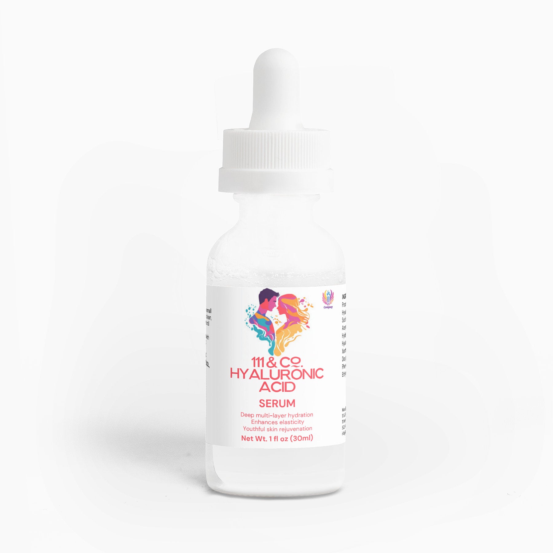 Image of a clear glass dropper bottle labeled 111 & Company Hyaluronic Acid Serum. The white label with colorful illustrations highlights its hydrating skin rejuvenation benefits. The bottle has a white dropper top and is marked as containing 1 fl oz (30ml).