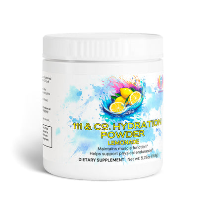 The 111 & COMPANY HYDRATION POWDER in a white jar is 111 & Company, featuring a Lemonade flavor with vibrant lemons and blue water splashes. This keto-friendly 5.78 oz (164g) supplement highlights essential electrolytes for muscle function and physical endurance.