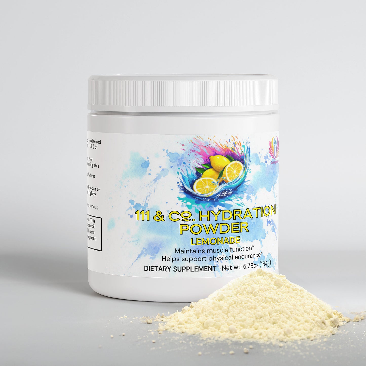 A 111 & Company Hydration Powder container labeled LEMONADE is decorated with lemons and water splashes. Next to it is a small pile of pale yellow, keto-friendly powder, containing essential electrolytes for muscle function and endurance. Net weight: 5.78 oz.