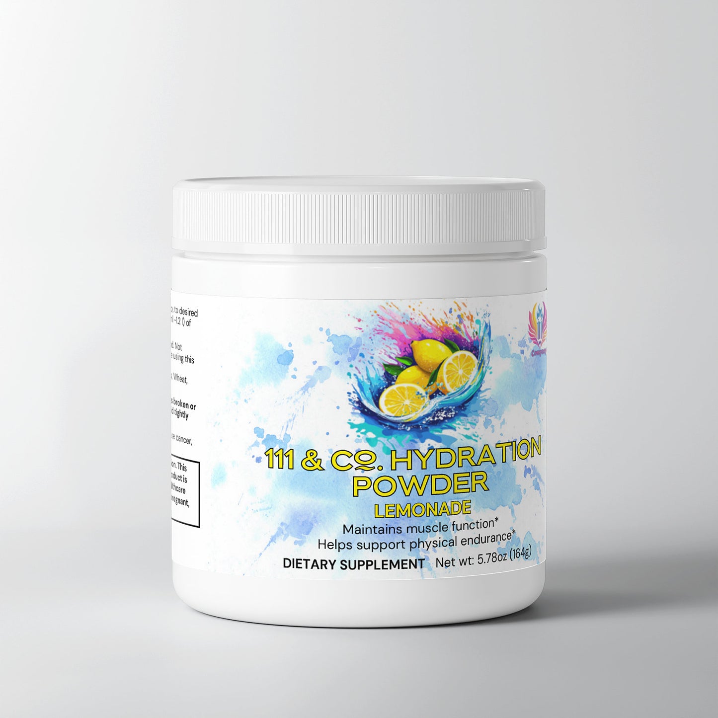 A 111 & Company HYDRATION POWDER (LEMONADE) container features a vibrant label with water splashes, lemons, and leaves. This keto-friendly dietary supplement supports muscle function and endurance with essential electrolytes. Net weight: 5.7 oz (164 g).