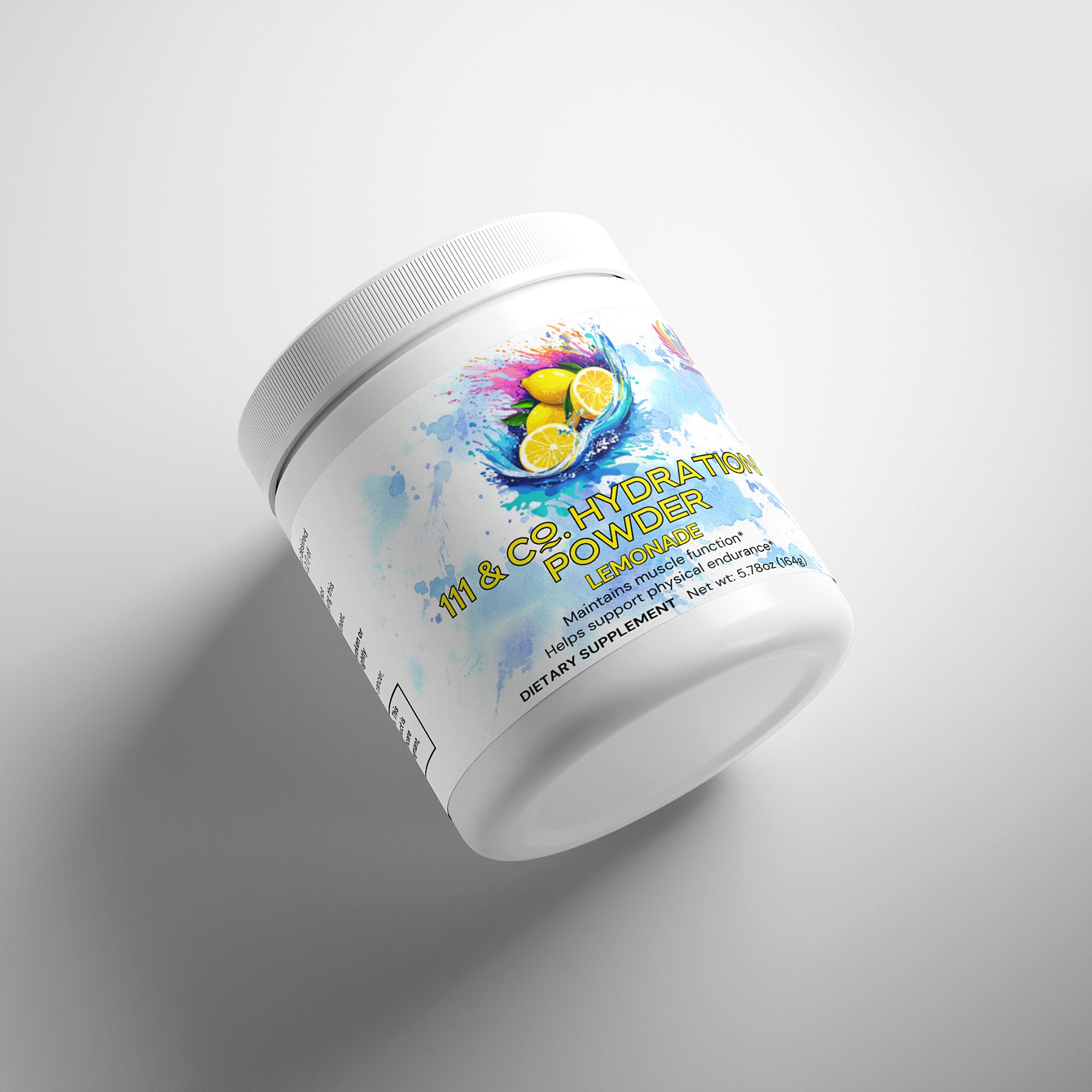 A white 111 & Company Hydration Powder container lies sideways on a light background. The label features vibrant lemon and splash graphics with Lemonade HYDRATION, outlining Keto Friendly, Dietary Supplement, and essential electrolytes for optimal replenishment. Net Wt. 570g / 1.25lbs.