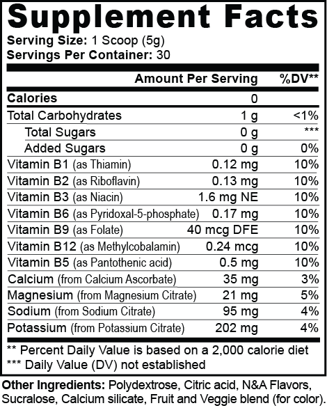 The Supplement Facts label for the 111 & Company Hydration Powder (Lemonade) shows one scoop (5g) per serving, with 30 servings per container. Its packed with essential vitamins and electrolytes like B1, B2, B3, B5, B6, B9, B12, calcium, magnesium, sodium & potassium. Keto-friendly with daily values provided.