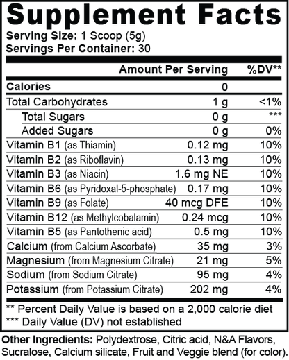 The Supplement Facts label for the 111 & Company Hydration Powder (Lemonade) shows one scoop (5g) per serving, with 30 servings per container. Its packed with essential vitamins and electrolytes like B1, B2, B3, B5, B6, B9, B12, calcium, magnesium, sodium & potassium. Keto-friendly with daily values provided.