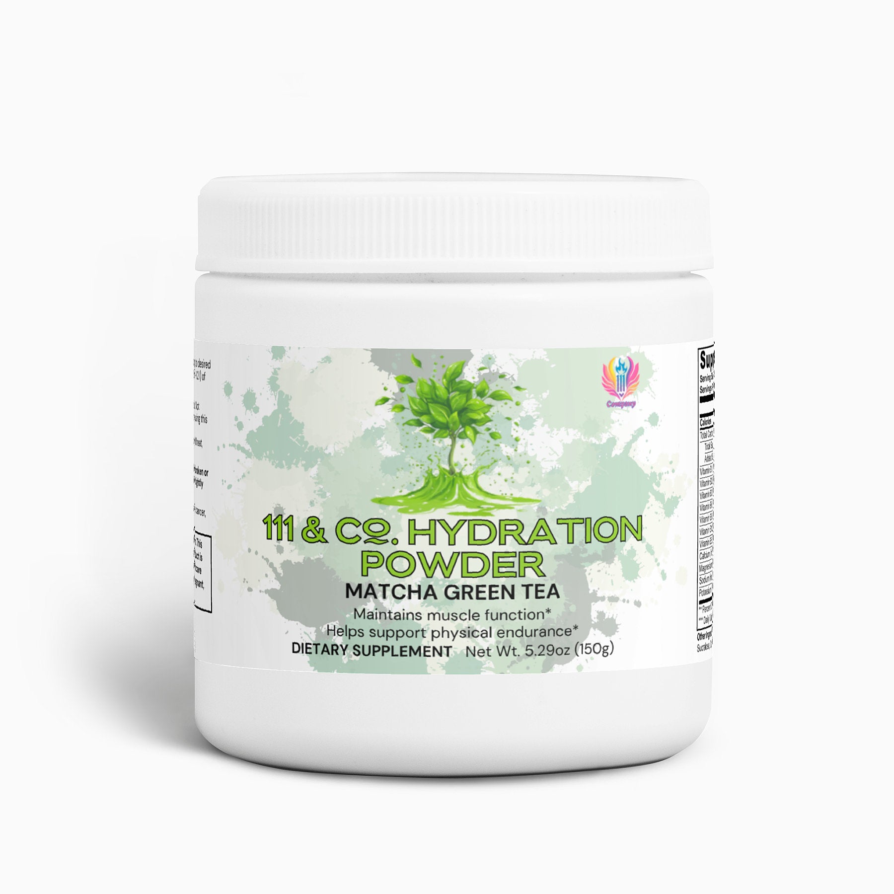 A 5.29oz (150g) jar of 111 & Company Hydration Powder features a matcha green tea flavor with electrolytes for muscle function and physical endurance, is keto-friendly, and is designed with green watercolor splashes and a plant illustration.
