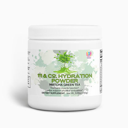 A 5.29oz (150g) jar of 111 & Company Hydration Powder features a matcha green tea flavor with electrolytes for muscle function and physical endurance, is keto-friendly, and is designed with green watercolor splashes and a plant illustration.