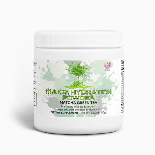 A 5.29oz (150g) jar of 111 & Company Hydration Powder features a matcha green tea flavor with electrolytes for muscle function and physical endurance, is keto-friendly, and is designed with green watercolor splashes and a plant illustration.