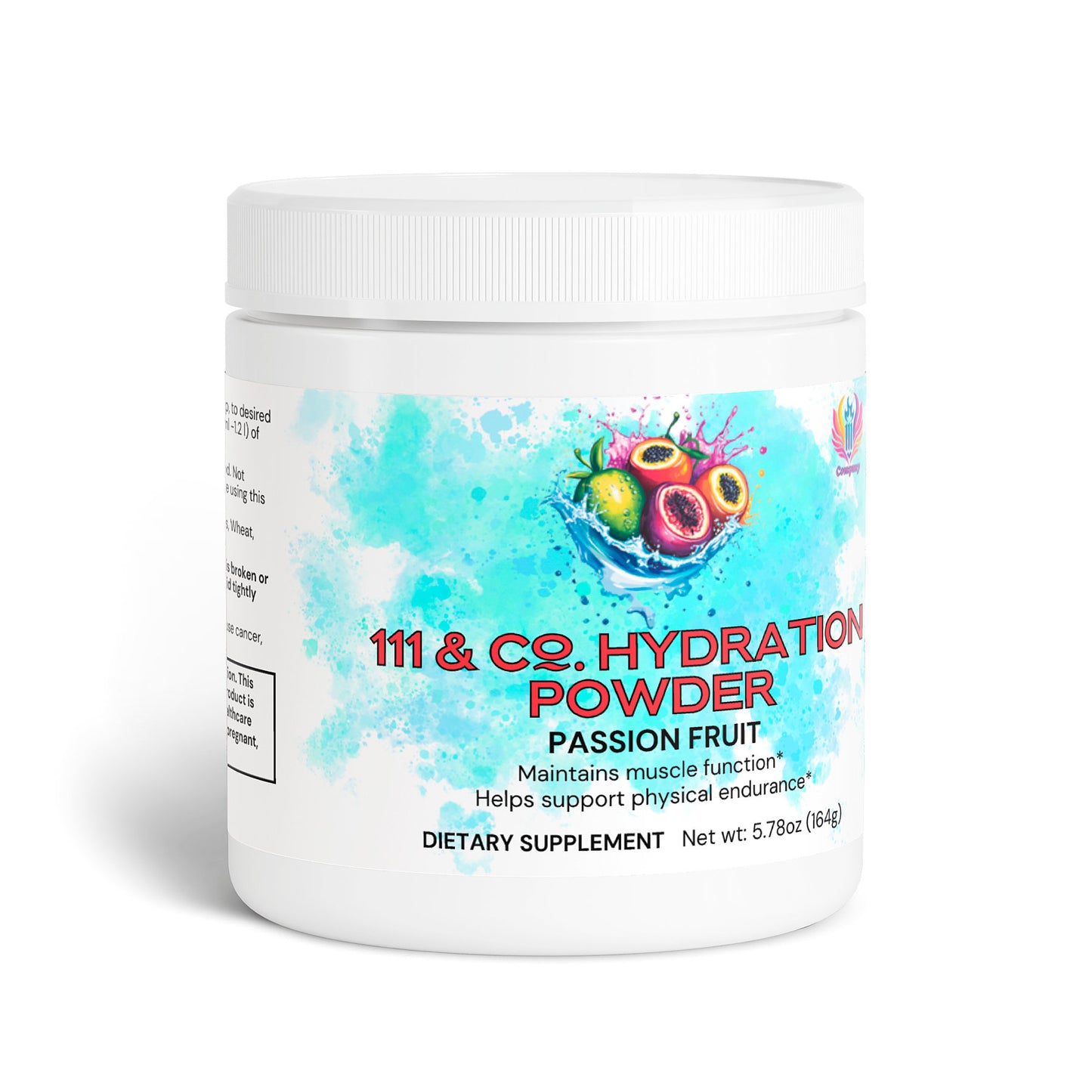 The 111 & Company Hydration Powder (Passion Fruit) comes in a white container adorned with vibrant passion fruit illustrations and colorful splashes. The label states, Packed with electrolytes to maintain muscle function and support physical endurance. It weighs 5.78 oz (164 g) and is marketed as a dietary supplement.