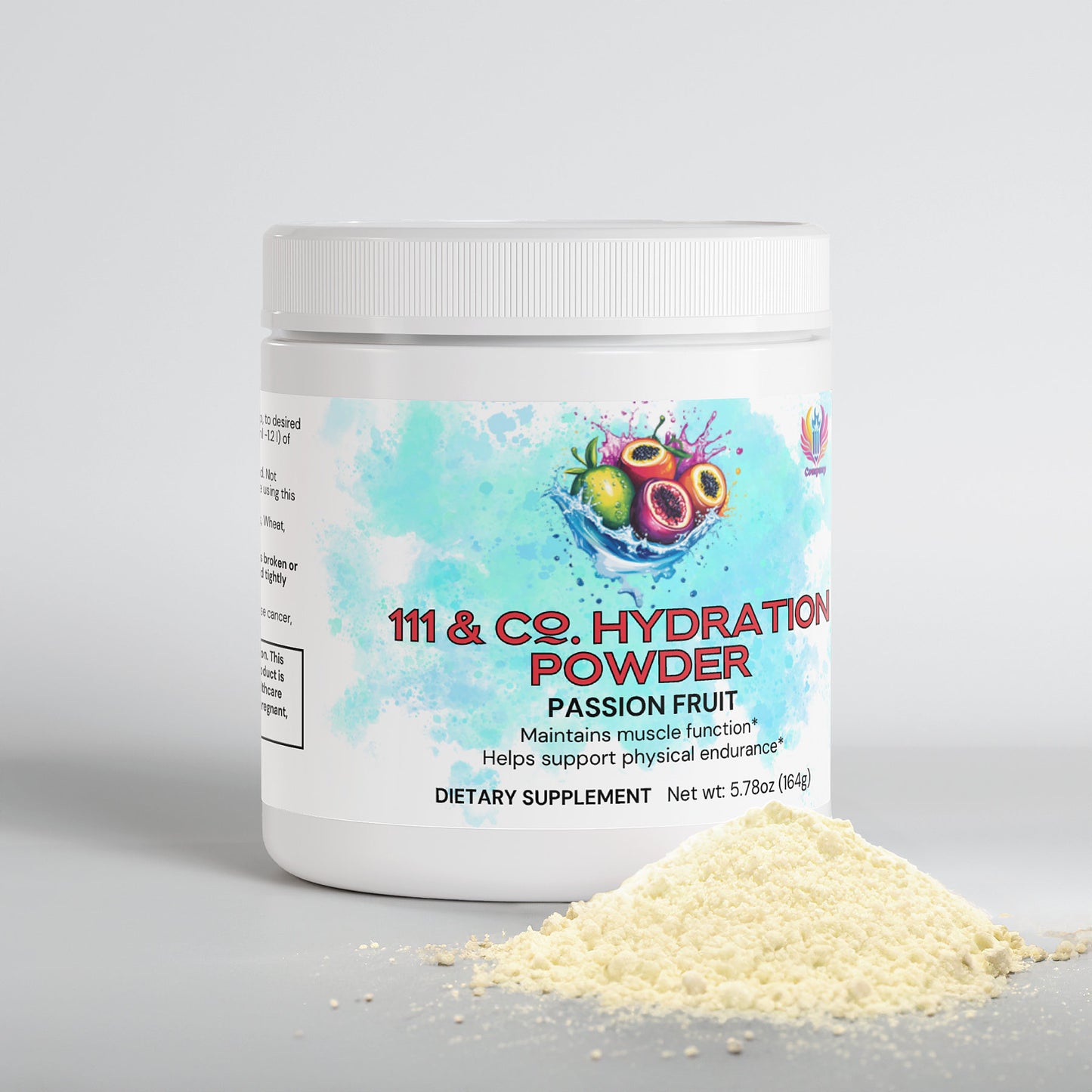 A white 111 & Company Hydration Powder container is displayed with a scoop of yellow powder and features a vivid passion fruit graphic. It highlights benefits like muscle function maintenance and electrolyte support for physical endurance. Net weight: 5.78 oz (164g).