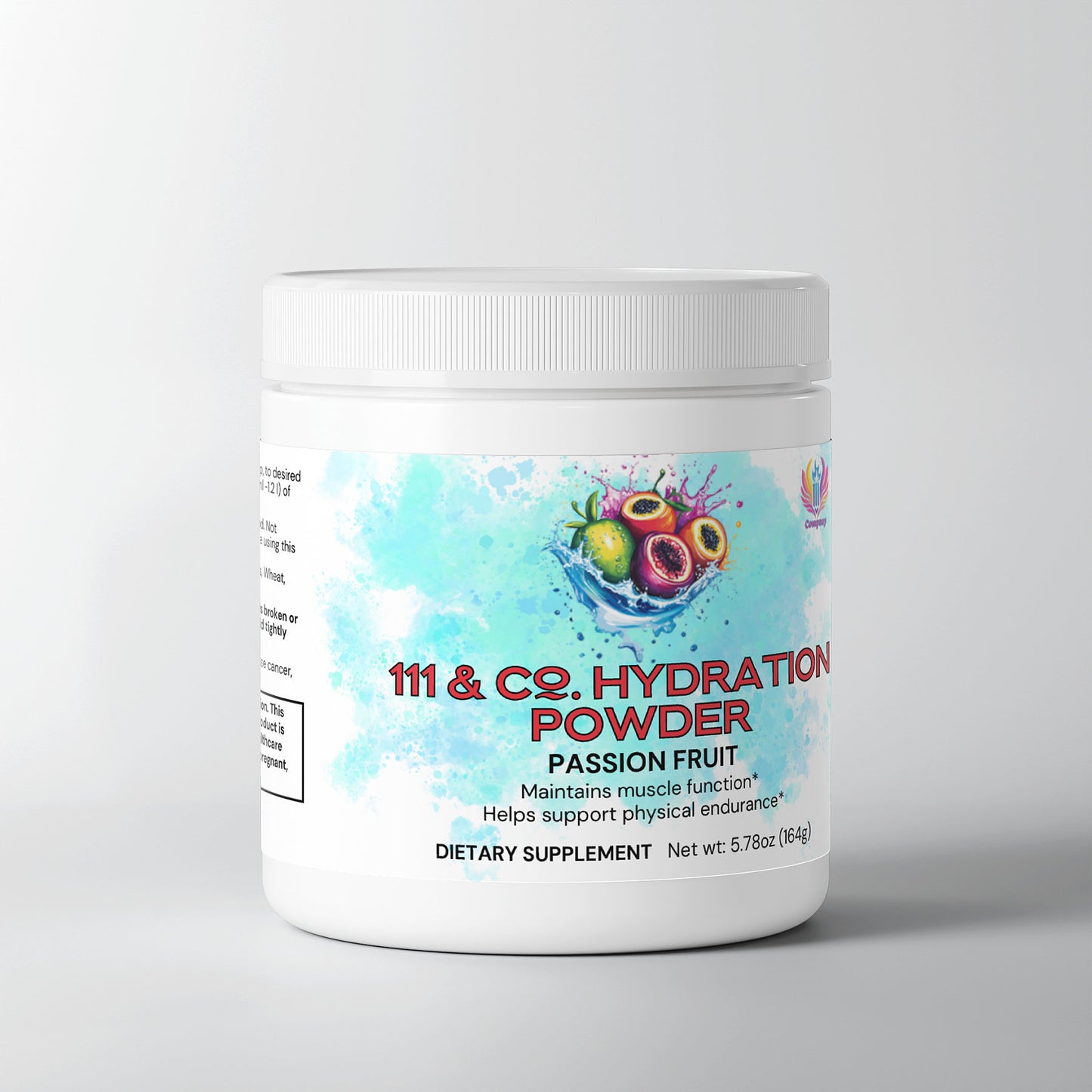 The 111 & Company Hydration Powder in a white container highlights its vibrant passion fruit flavor with colorful fruit illustrations and provides electrolytes for muscle support. This 5.78 oz (164 g) pack is perfect for your hydration needs.