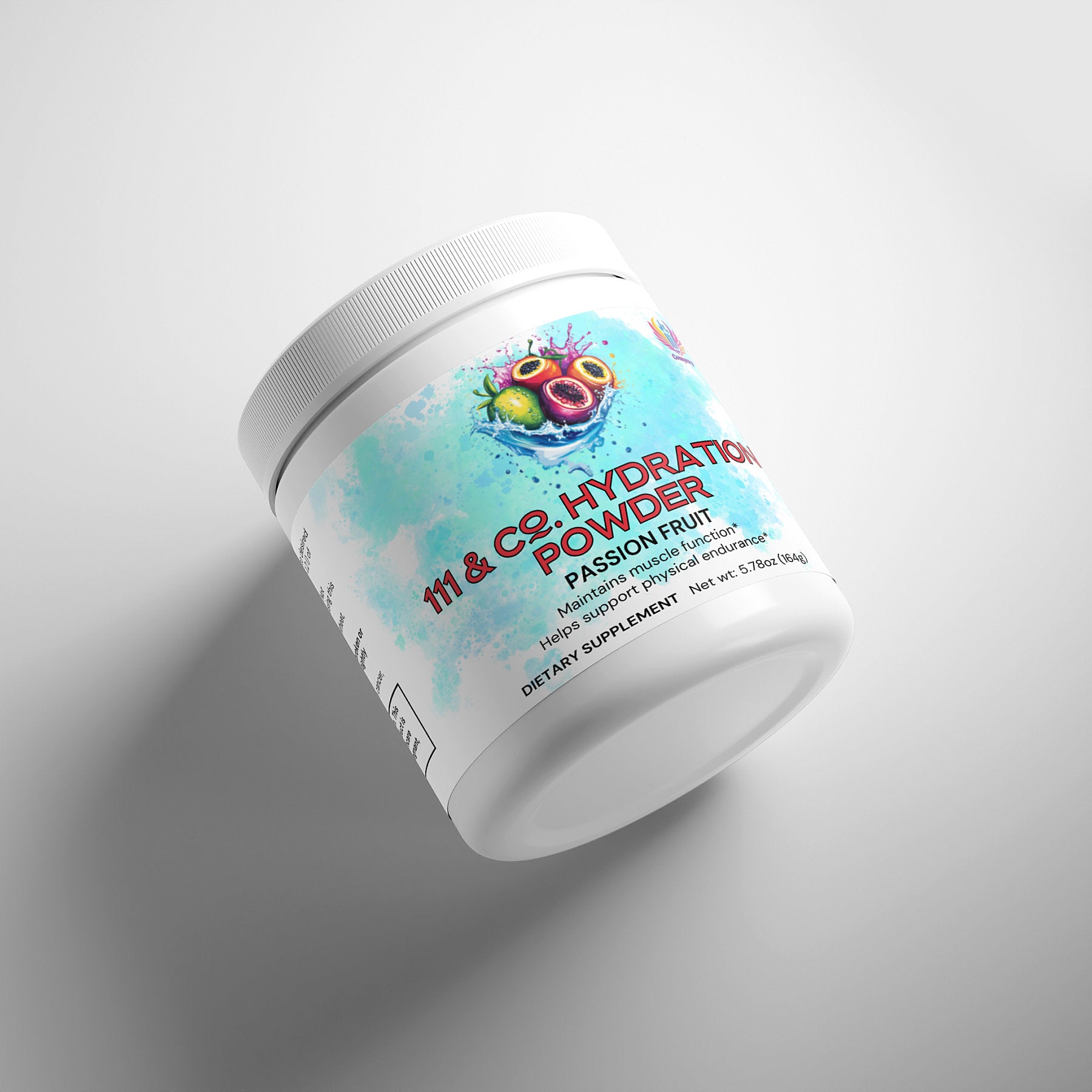 A white jar of 111 & Company Hydration Powder (Passion Fruit) lies angled on a light background. The label, featuring tropical fruit illustrations, highlights hydration and electrolytes, with a content weight of 5.11 oz (145g).