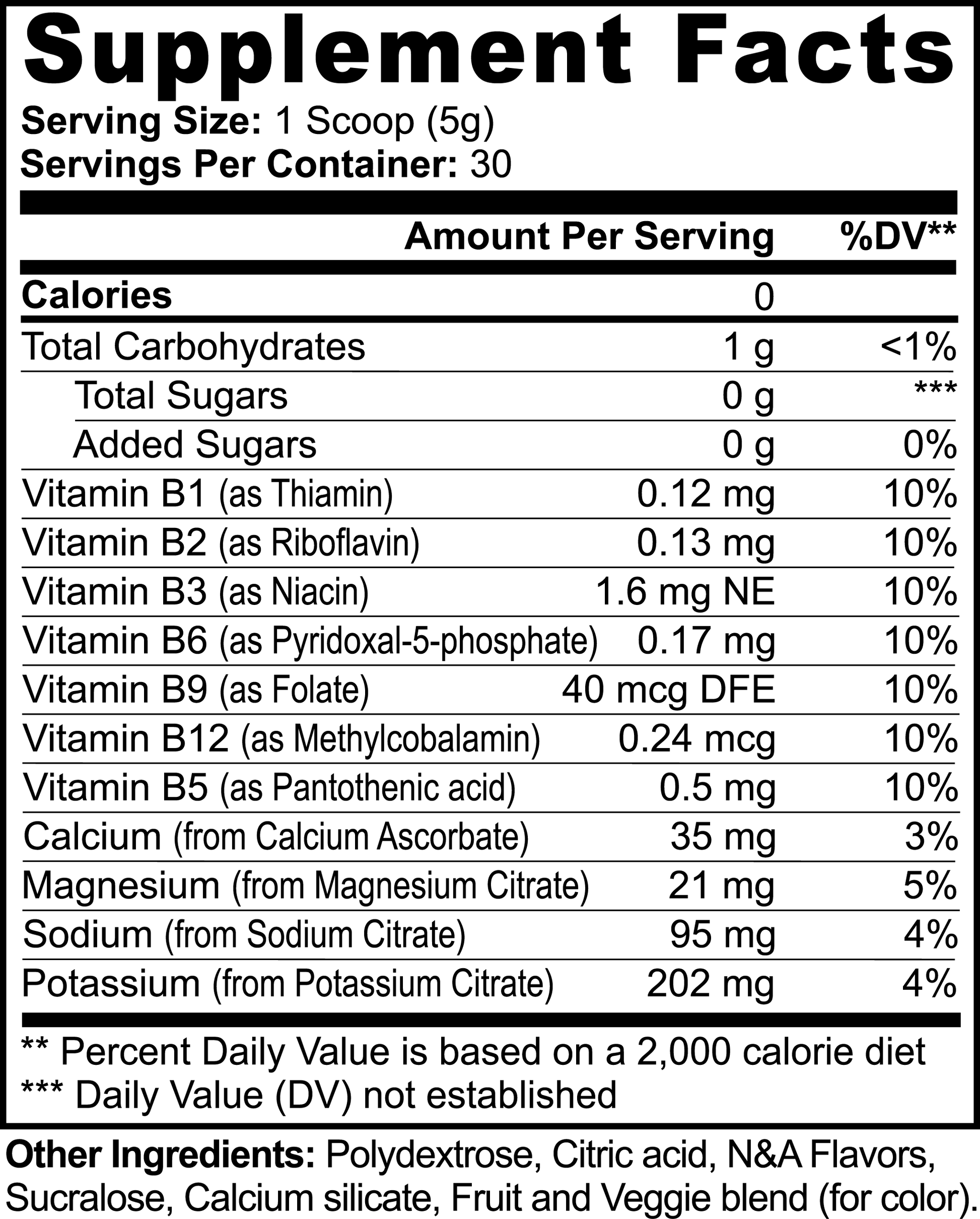 The Supplement Facts label on the 111 & COMPANY HYDRATION POWDER (PASSION FRUIT) by 111 & Company features a 5g serving size and 30 servings. It is enriched with vitamins B1, B2, B3, B6, B9, B12, calcium for electrolytes, and includes polydextrose and natural flavors for a refreshing twist.