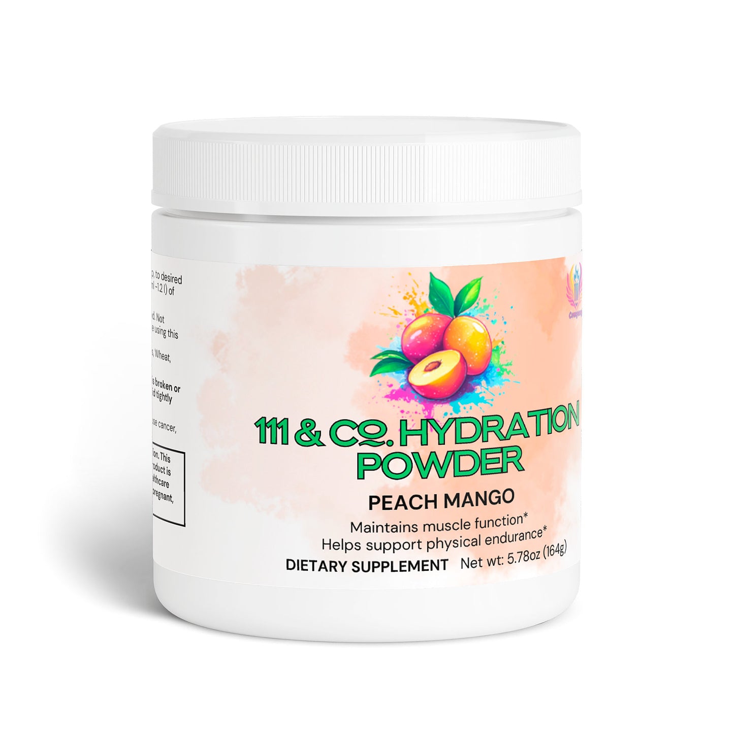 The 111 & Company Hydration Powder (Peach Mango) comes in a white container adorned with vibrant peach mango illustrations and colorful splashes. The label states, Packed with electrolytes to maintain muscle function and support physical endurance. It weighs 5.78 oz (164 g) and is marketed as a dietary supplement.