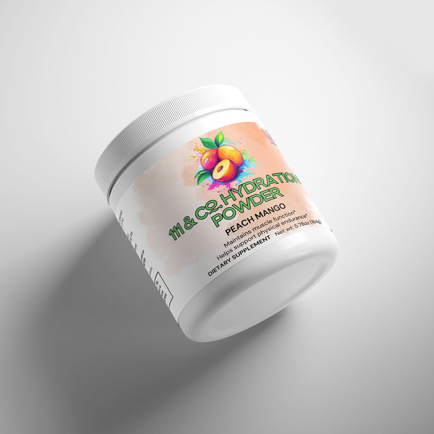 A white jar of 111 & Company Hydration Powder (Peach Mango) lies angled on a light background. The label, featuring tropical fruit illustrations, highlights hydration and electrolytes, with a content weight of 5.11 oz (145g).