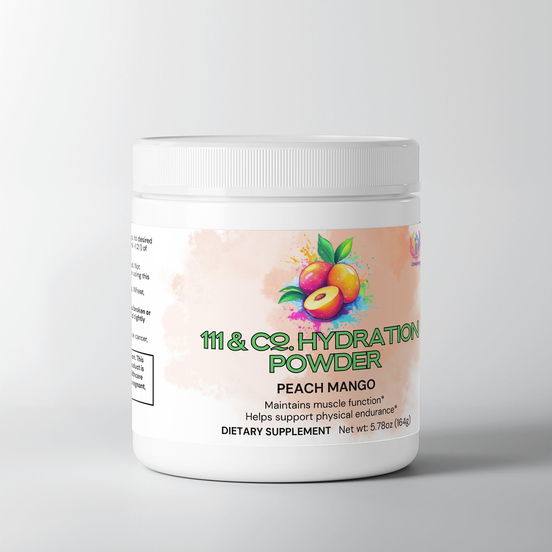 The 111 & Company Hydration Powder in a white container highlights its vibrant peach flavor with colorful fruit illustrations and provides electrolytes for muscle support. This 5.78 oz (164 g) pack is perfect for your hydration needs.