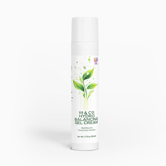 A pristine white bottle of  111 & COMPANY HYDRO BALANCING GEL-CREAM stands upright. The label, adorned with green leaves and water droplets, hints at deep hydration. Ideal for oily skin, it promises to mattify while hydrating in a compact 1.7 oz (50 ml) package.