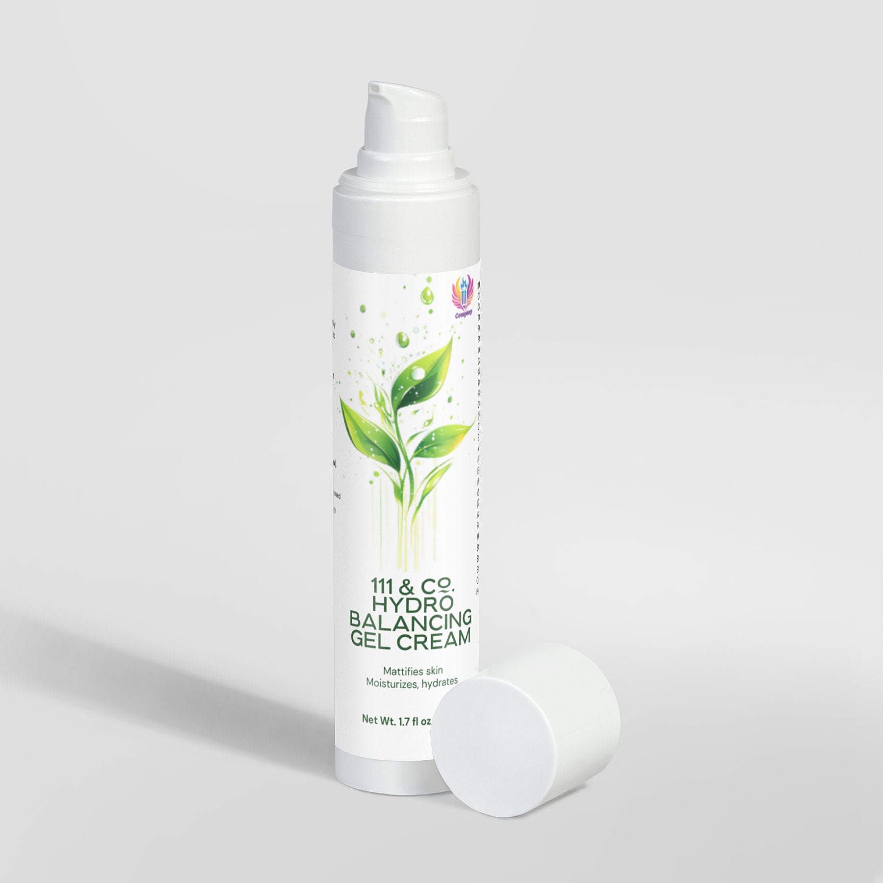 On a light gray background, a white cylindrical bottle of 111 & COMPANY HYDRO BALANCING GEL-CREAM by 111 & Company, featuring a green leaf design, is showcased with its cap beside it, promising to mattify and hydrate oily skin effectively.