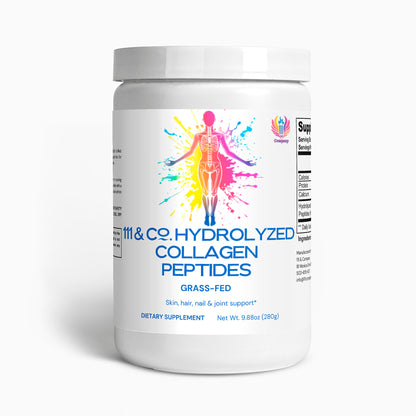 A white container of 111 & COMPANY Grass-Fed Hydrolyzed Collagen Peptides by 111 & Company showcases vibrant artwork of a human in motion. The label highlights support for skin, hair, nails, and joints with essential amino acids. Net weight is 9.88 oz (280 g), with a partial supplement facts table.