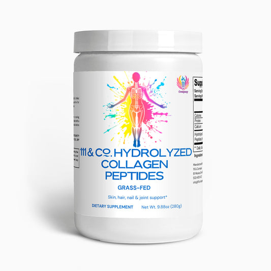 A white container of 111 & COMPANY Grass-Fed Hydrolyzed Collagen Peptides by 111 & Company showcases vibrant artwork of a human in motion. The label highlights support for skin, hair, nails, and joints with essential amino acids. Net weight is 9.88 oz (280 g), with a partial supplement facts table.