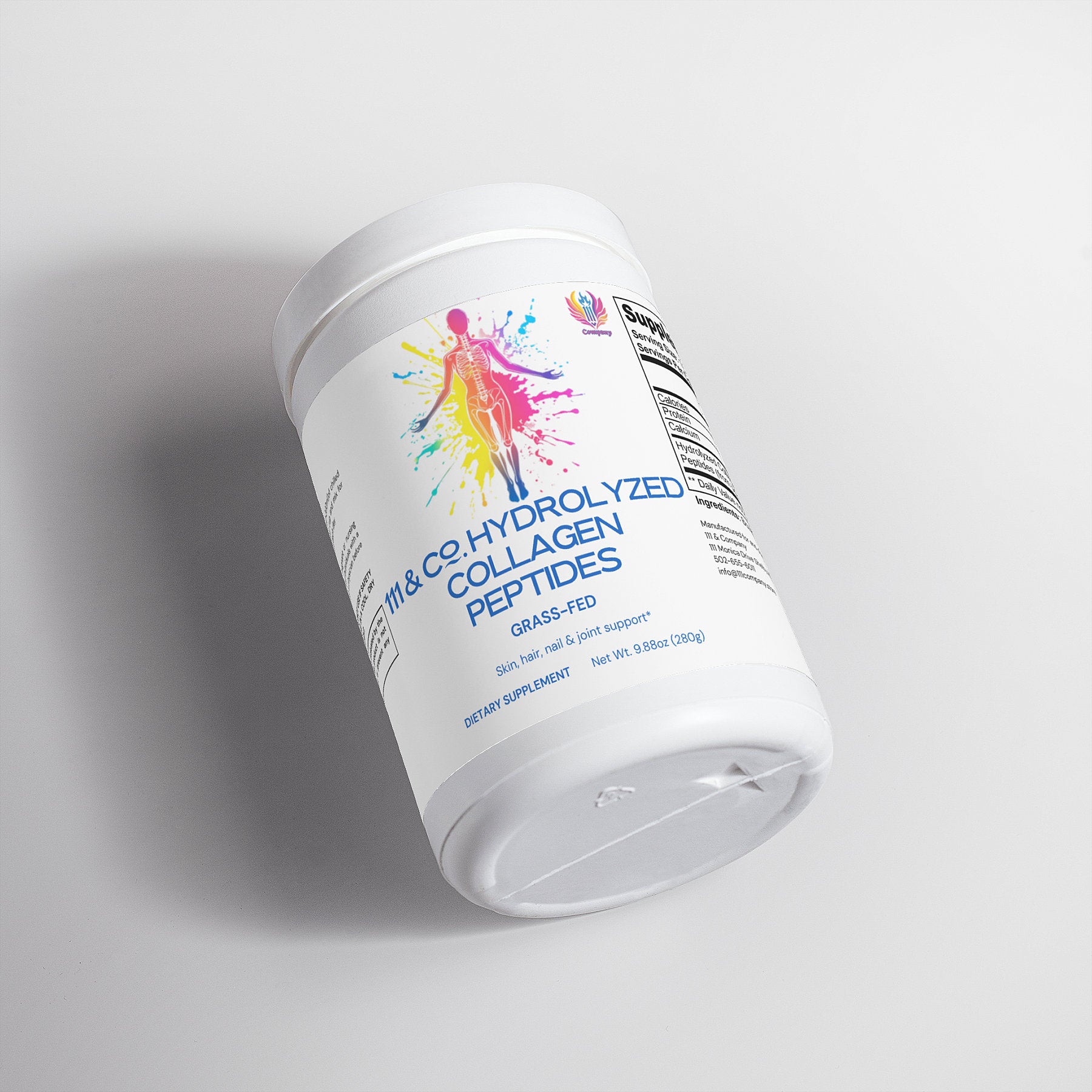 A white container of 111 & COMPANY GRASS-FED HYDROLYZED COLLAGEN PEPTIDES features a colorful silhouette on the label with GRASS-FED and DIETARY SUPPLEMENT. Supplement facts and barcode are on the side, as it rests against a stark white backdrop.