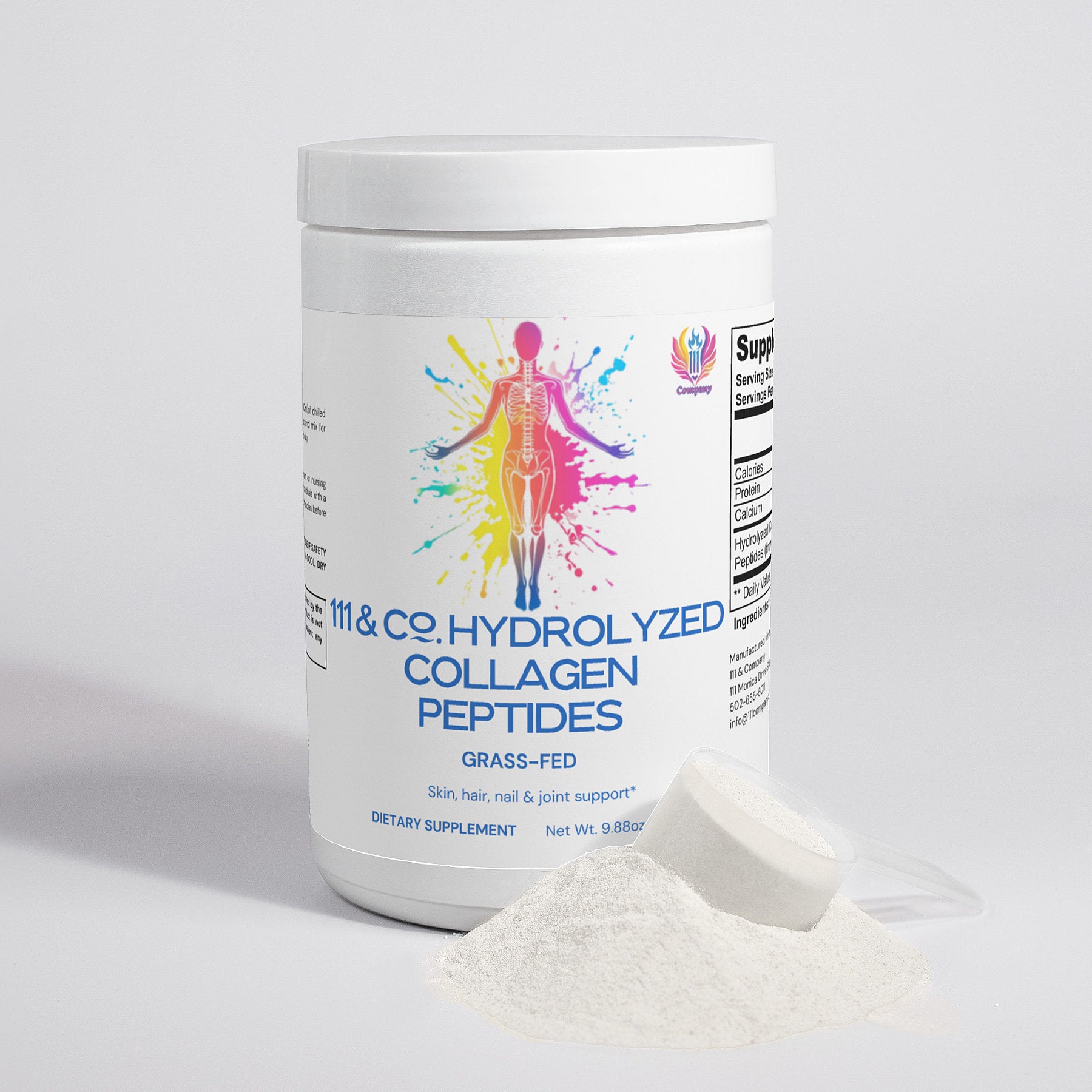 A white container of 111 & Company Grass-Fed Hydrolyzed Collagen Peptides, with a colorful abstract silhouette on the label, is displayed. A scoop of white powder is artfully spilled beside it, highlighting its quality and purity.