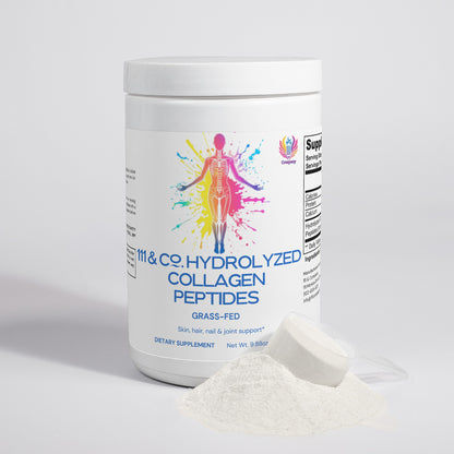 A white container of 111 & Company Grass-Fed Hydrolyzed Collagen Peptides, with a colorful abstract silhouette on the label, is displayed. A scoop of white powder is artfully spilled beside it, highlighting its quality and purity.