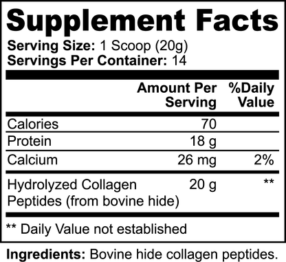 The Supplement Facts for 111 & Companys Grass-Fed Hydrolyzed Collagen Peptides detail a 1-scoop (20g) serving size, providing 14 servings per container. Each scoop has 70 calories, 18g protein, and contains 26mg calcium (2% DV), offering premium collagen from grass-fed bovine hide for wellness enhancement.