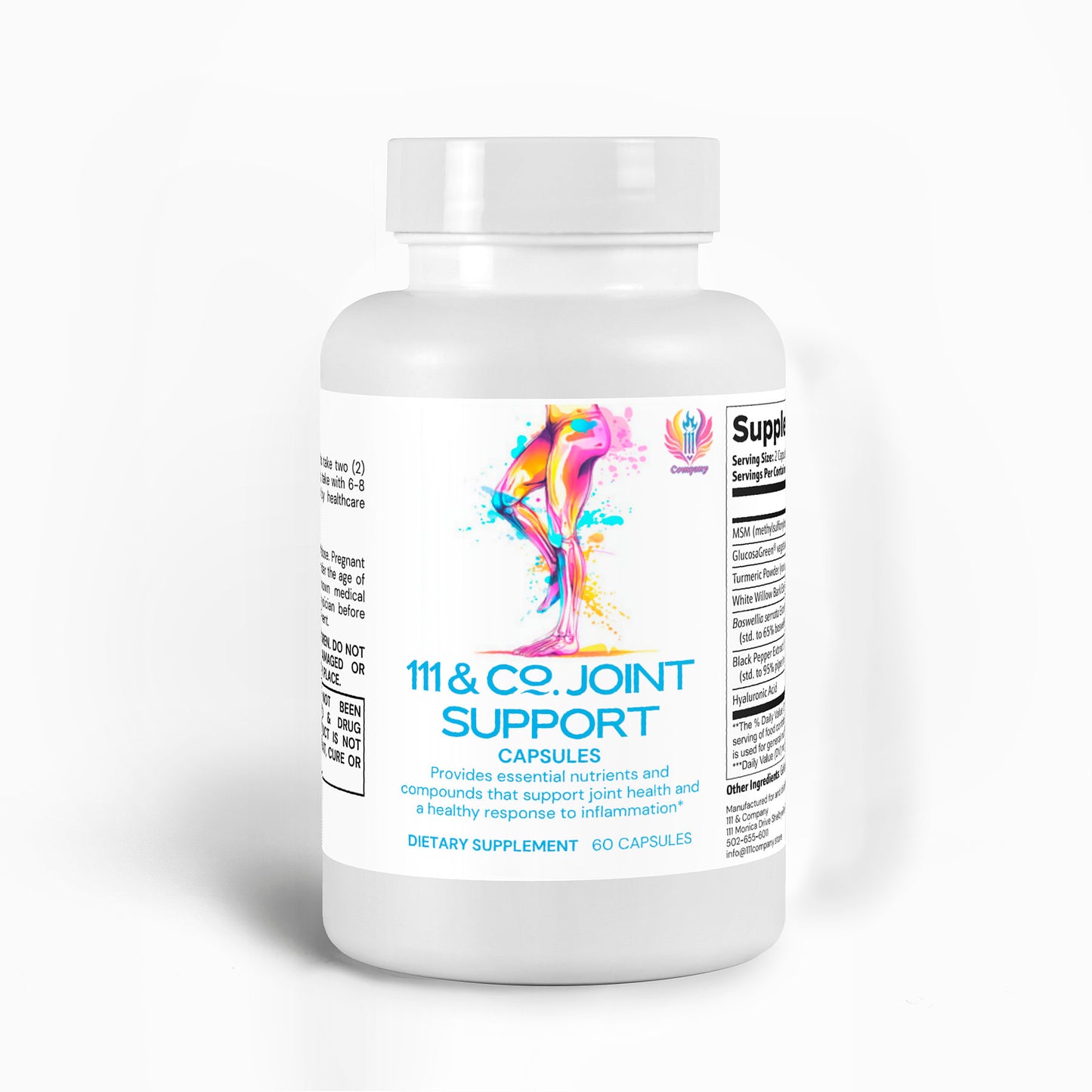 A white bottle labeled 111 & COMPANY JOINT SUPPORT CAPSULES from 111 & Company, featuring a colorful knee joint design, claims enhanced joint support and inflammation response with glucosamine HCl and a Boswellia serrata extract blend. Contains 60 capsules; supplement facts on the side.