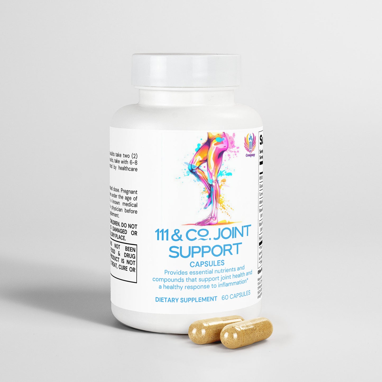 The 111 & COMPANY JOINT SUPPORT CAPSULES from 111 & Company is a white bottle featuring vibrant leg artwork, highlighting glucosamine HCl for joint health. Two yellow capsules lie next to it on a plain white background.