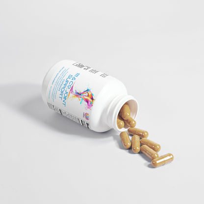 A white bottle labeled 111 & COMPANY JOINT SUPPORT CAPSULES from 111 & Company, adorned with vibrant graphics, spills tan capsules onto a white surface. The glossy capsules contain Boswellia serrata Extract for enhanced immune and joint support.