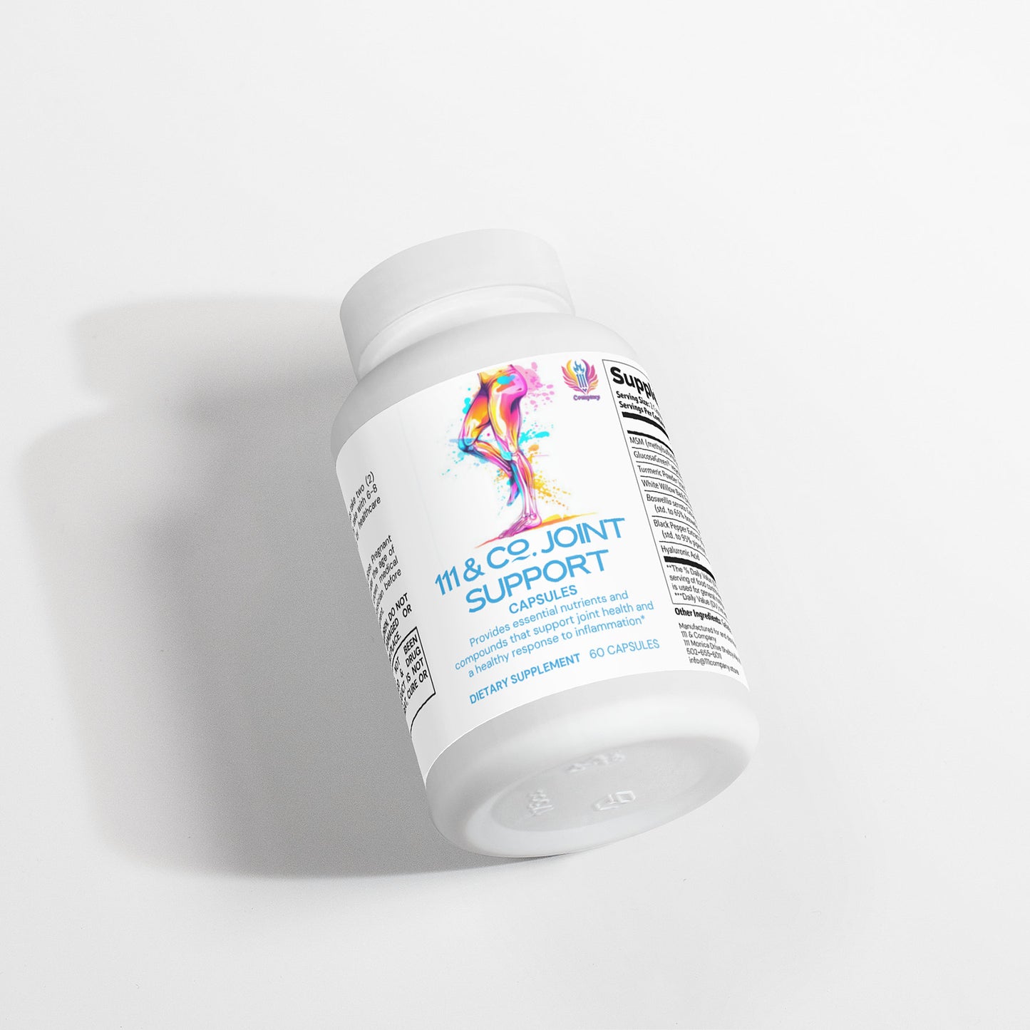 A white bottle labeled 111 & COMPANY JOINT SUPPORT CAPSULES lies on its side against a white background. The label has a colorful abstract design, with nutritional info and details like glucosamine HCl and Boswellia serrata Extract printed on the sides. It contains 60 capsules by Retro Fitness Supplements.