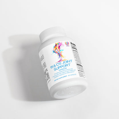 A white bottle labeled 111 & COMPANY JOINT SUPPORT CAPSULES lies on its side against a white background. The label has a colorful abstract design, with nutritional info and details like glucosamine HCl and Boswellia serrata Extract printed on the sides. It contains 60 capsules by Retro Fitness Supplements.