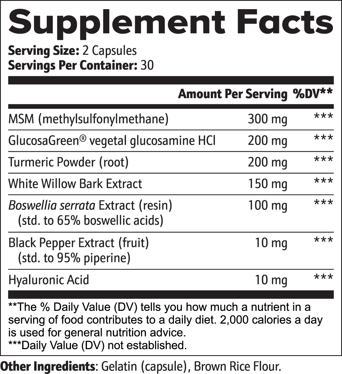 Black and white label of 111 & COMPANY JOINT SUPPORT CAPSULES: Serving size is 2 capsules with 30 servings per container. Ingredients include MSM 300 mg, Glucosamine HCl 200 mg, Turmeric 200 mg, White Willow Bark 150 mg, Boswellia serrata Extract 100 mg, Black Pepper 10 mg.