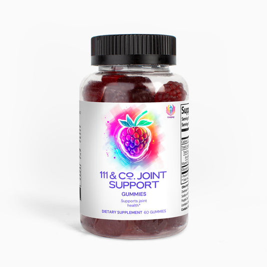 A clear bottle contains red gummies labeled 111 & COMPANY JOINT SUPPORT GUMMIES (ADULT) by 111 & Company. The white label, featuring a raspberry, reads Supports joint health† and Dietary Supplement 60 Gummies. Glucosamine enhanced, with visible nutrition facts.