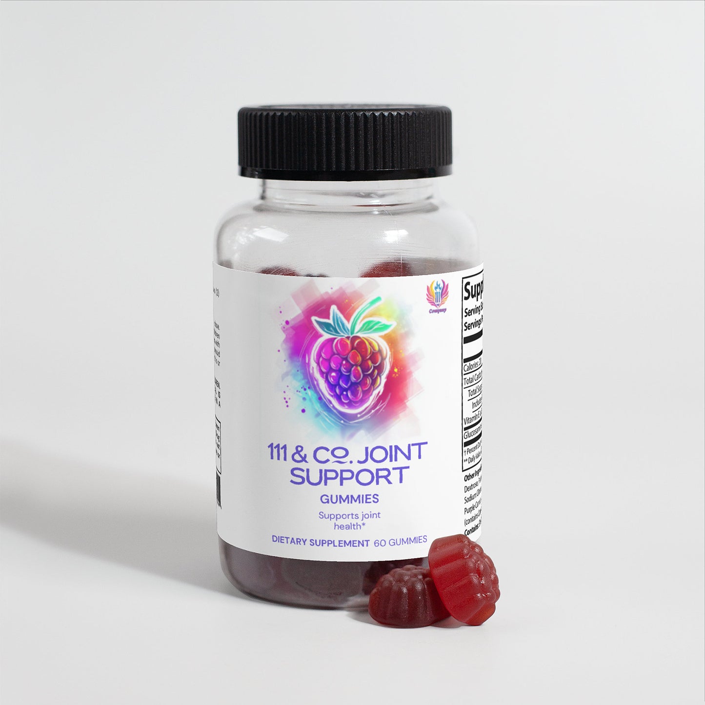 The image displays a clear bottle labeled 111 & COMPANY JOINT SUPPORT GUMMIES (ADULT) from 111 & Company, featuring a raspberry illustration. It highlights joint health with glucosamine. The black-capped bottle contains 60 dark red gummies, with two shown outside it.