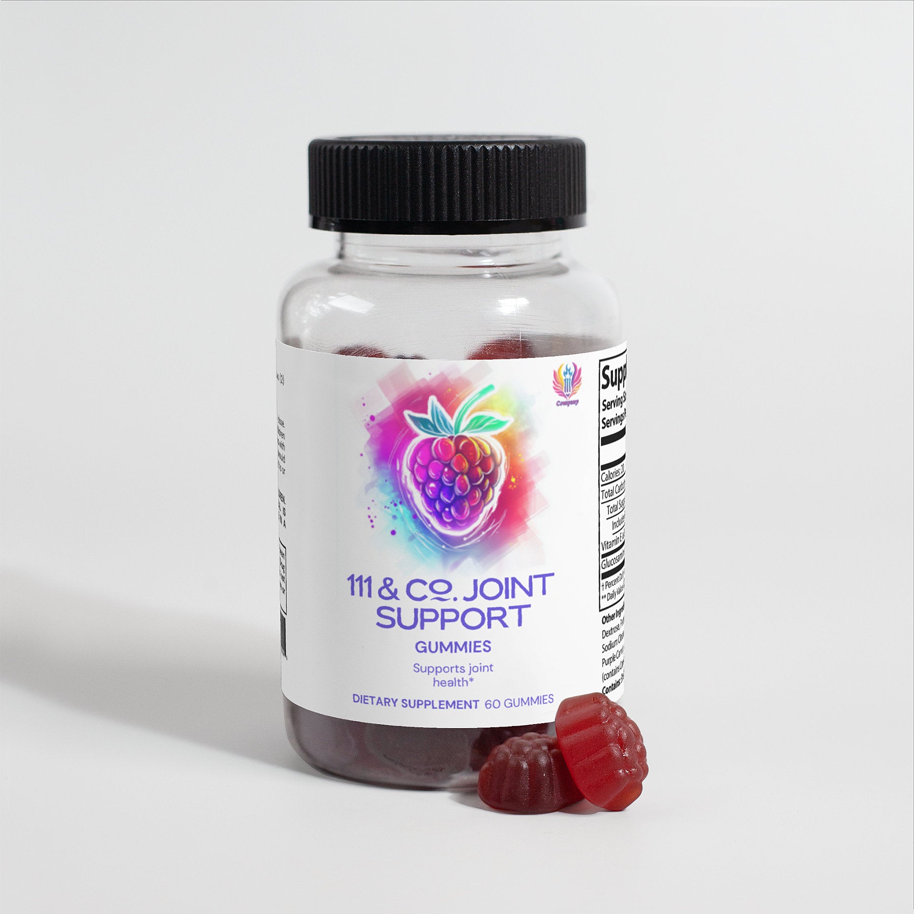 The image displays a clear bottle labeled 111 & COMPANY JOINT SUPPORT GUMMIES (ADULT) from 111 & Company, featuring a raspberry illustration. It highlights joint health with glucosamine. The black-capped bottle contains 60 dark red gummies, with two shown outside it.