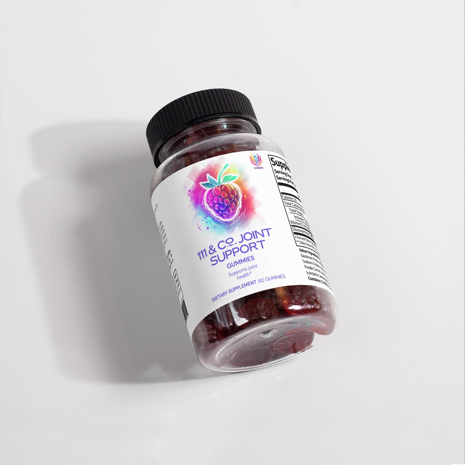 A bottle of 111 & COMPANY Joint Support Gummies, showcasing a black lid and white label with a vibrant raspberry design, highlights joint health benefits with glucosamine. The bottle, holding 60 gummies, rests on a white surface.