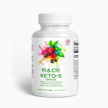 The 111 & COMPANY KETO-5 bottle by 111 & Company features a colorful design with raspberries, coffee beans, and green leaves. This dietary supplement supports metabolism and energy for effective fat burning. The label highlights contain 60 capsules with bold text and vivid graphics.