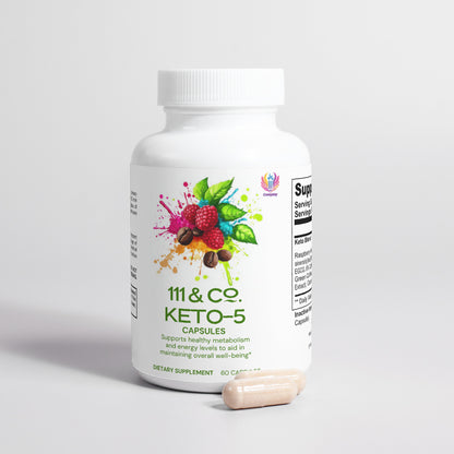 A white 111 & COMPANY KETO-5 bottle by 111 & Company displays raspberries, coffee beans, and leaves, promoting metabolism and energy support for ketosis. Dietary Supplement and 60 Capsules are printed, with two beige capsules beside it.