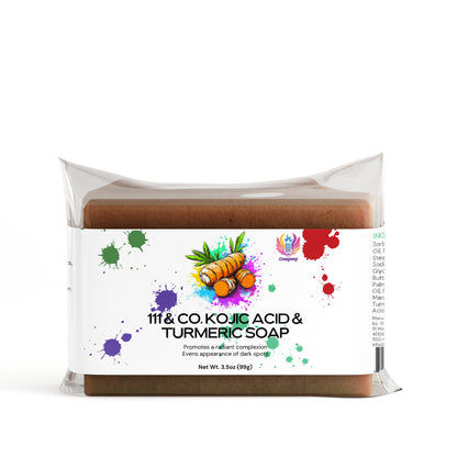 The 111 & COMPANY KOJIC ACID & TUMERIC SOAP from 111 & Company is a 3.53 oz (99g) bar, wrapped in clear plastic featuring turmeric illustrations and colorful paint splashes. It brightens the complexion and reduces dark spots for radiant skin.
