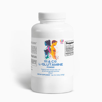 The white plastic bottle labeled 111 & COMPANY L-GLUTAMINE POWDER from 111 & Company features vibrant abstract art of a man and woman running. The label highlights benefits for lean muscle mass, cell growth, hormone release, and immune support. Contains 10.6 oz (300g) of powder with supplement facts on the side.