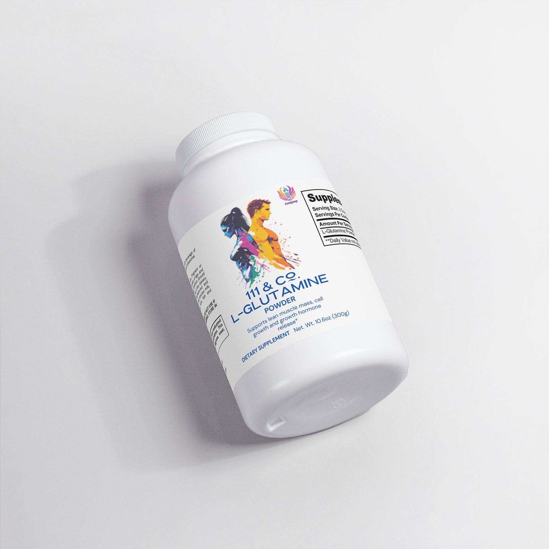 A white bottle labeled 111 & Company L-Glutamine Powder by 111 & Company features a colorful silhouette of a runner, symbolizing lean muscle mass. Holding 500g of powder with nutritional info on the side, it sits on a smooth, light grey surface.