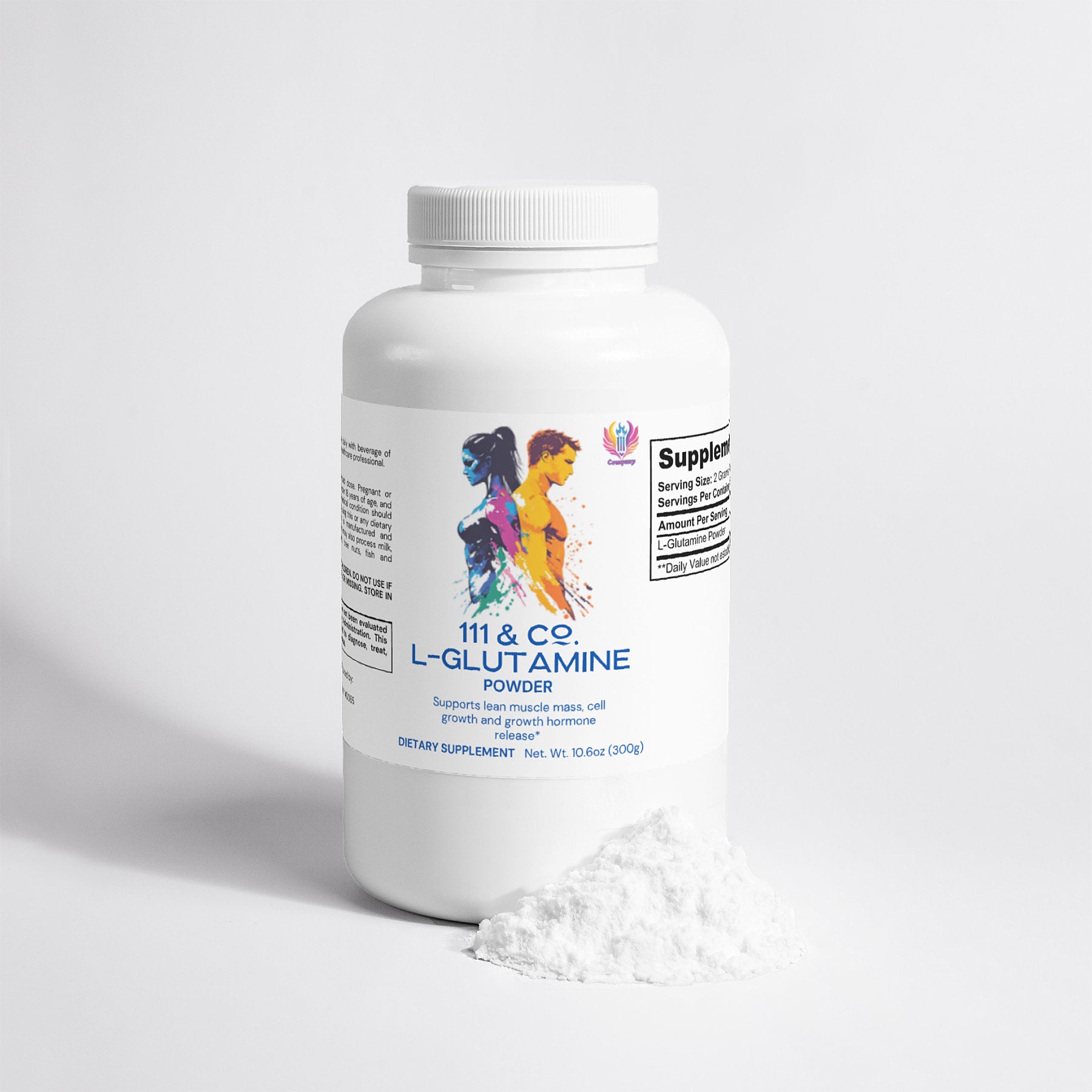 A white bottle of 111 & COMPANY L-GLUTAMINE POWDER from 111 & Company stands upright. Its label features colorful abstract designs and benefits like lean muscle mass enhancement and immune support, with a pile of white powder in front against a plain light background.