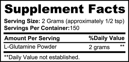 The Supplement Facts label for 111 & COMPANY L-GLUTAMINE POWDER shows a serving size of 2 grams (approx. 1/2 tsp) with 150 servings per container. Each serving contains 2g of L-Glutamine, supporting lean muscle and immune health; DV percentage not established.
