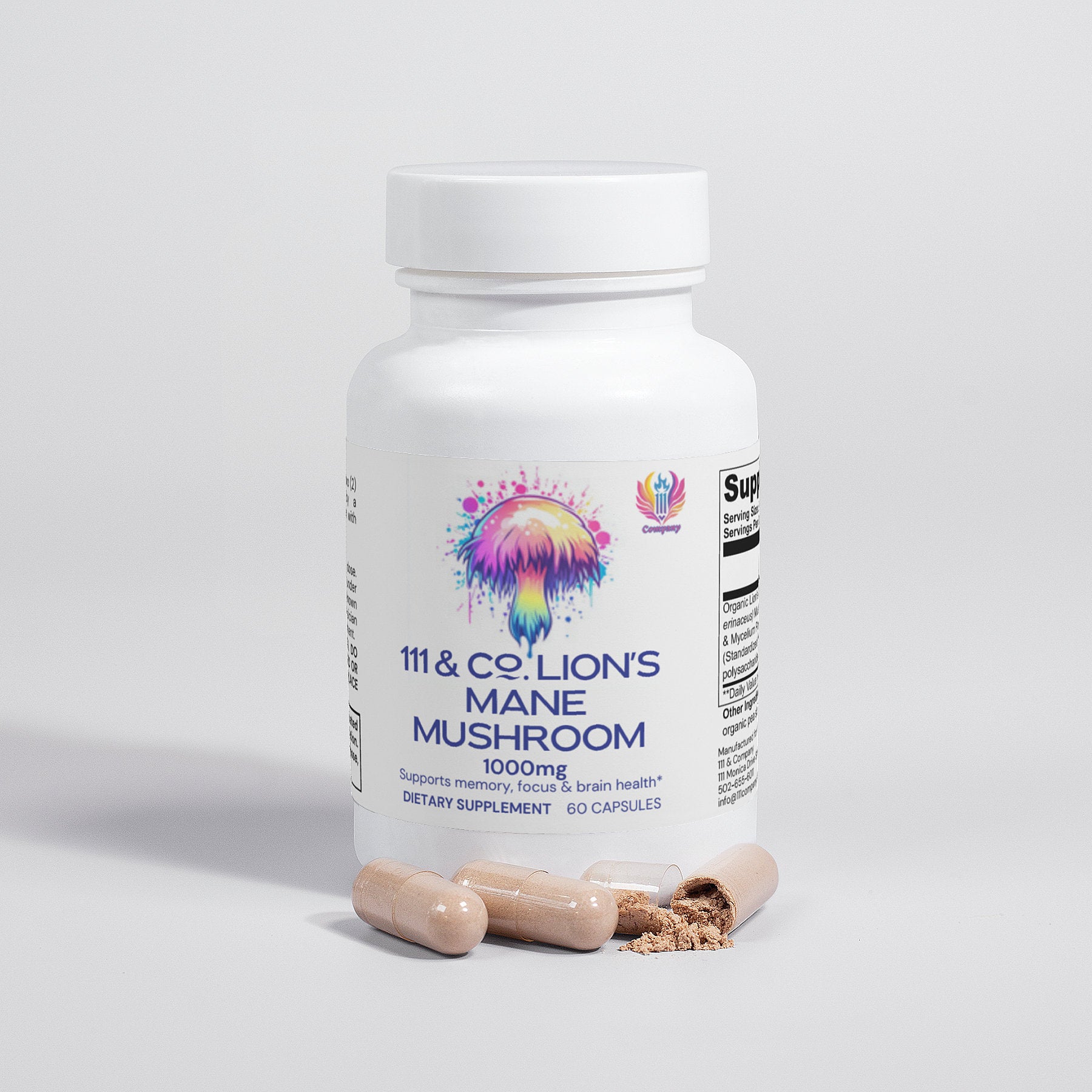 A bottle of 111 & COMPANY LIONS MANE MUSHROOM 1000 MG CAPSULES by 111 & Company is displayed against a gray background. The label features a colorful mushroom and text for 1000mg, 60 capsules. Two open capsules lie in front, spilling powder known for neuroprotective effects.