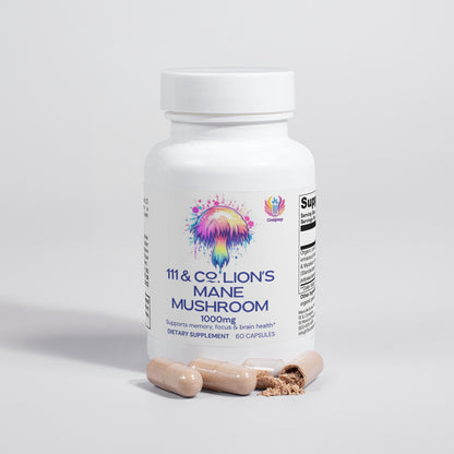 A bottle of 111 & COMPANY LIONS MANE MUSHROOM 1000 MG CAPSULES by 111 & Company is displayed against a gray background. The label features a colorful mushroom and text for 1000mg, 60 capsules. Two open capsules lie in front, spilling powder known for neuroprotective effects.