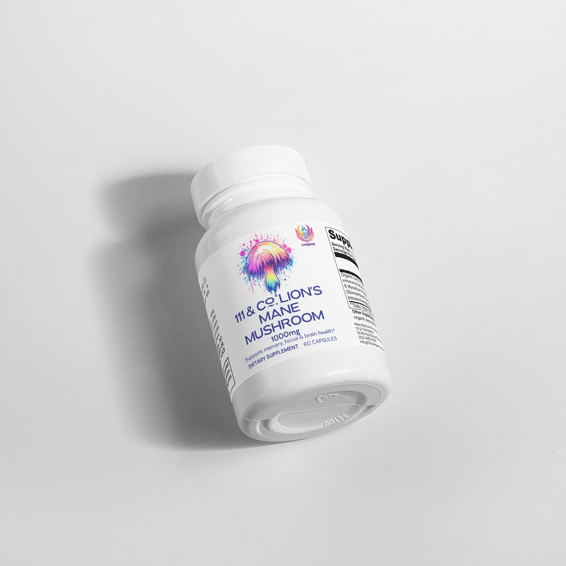 A white bottle labeled 111 & COMPANY LIONS MANE MUSHROOM 1000 MG CAPSULES by 111 & Company is set against a plain background. The label has a vibrant lions mane mushroom illustration, highlighting its nootropic and neuroprotective benefits. The tilted bottle casts a shadow on the surface.