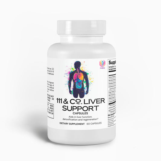A white bottle of 111 & COMPANY LIVER SUPPORT CAPSULES by 111 & Company is shown, featuring a colorful liver graphic. The label reads: Aids in liver function, detoxification, and regeneration, highlighting natural ingredients. The bottle contains 60 capsules.